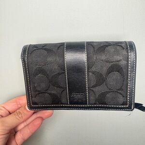 Coach Black Signature Canvas Leather Flap Wallet Snap Closure